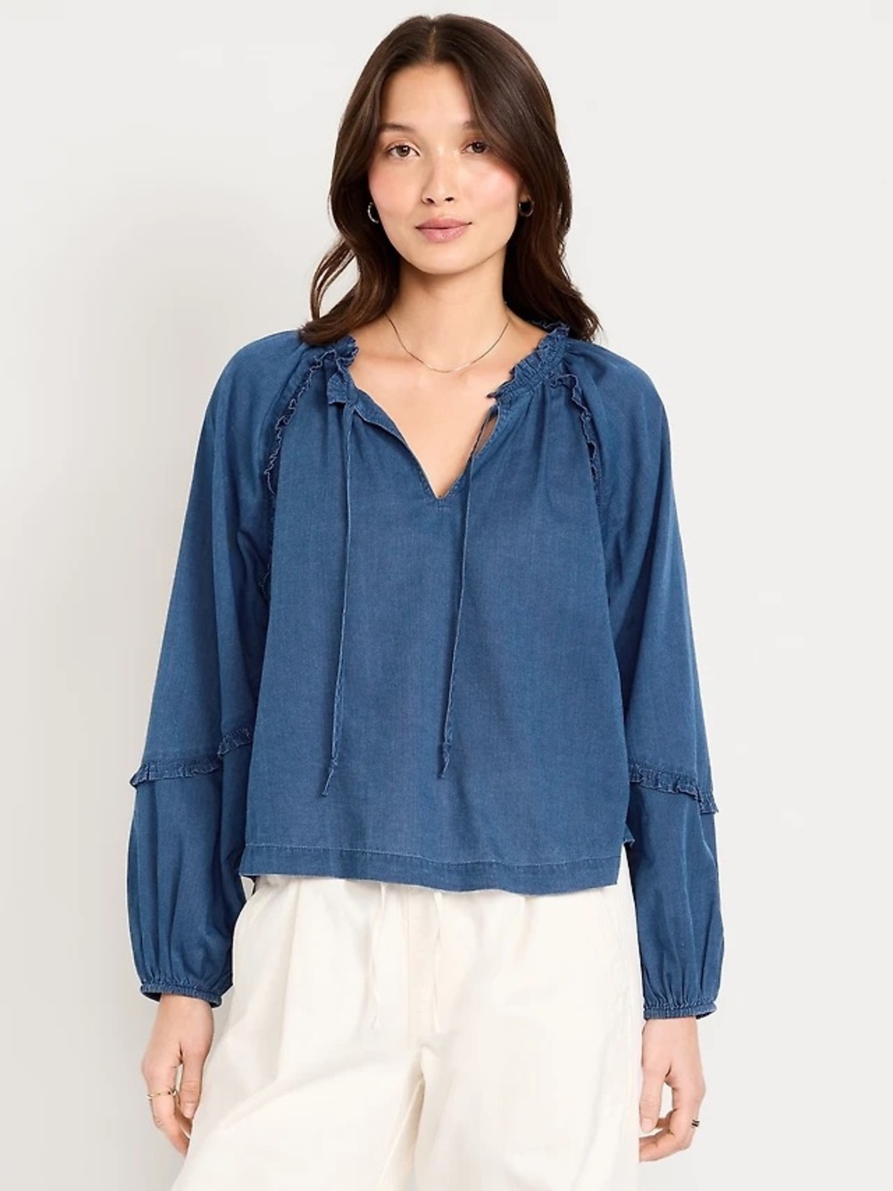 Relaxed Blue Denim Ruffled Peasant Blouse – Women Tops